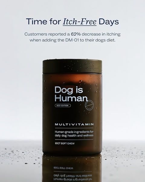 A clean, minimalist product shot of a dog multivitamin jar using a statistic-based hook to promise itch relief for pets.